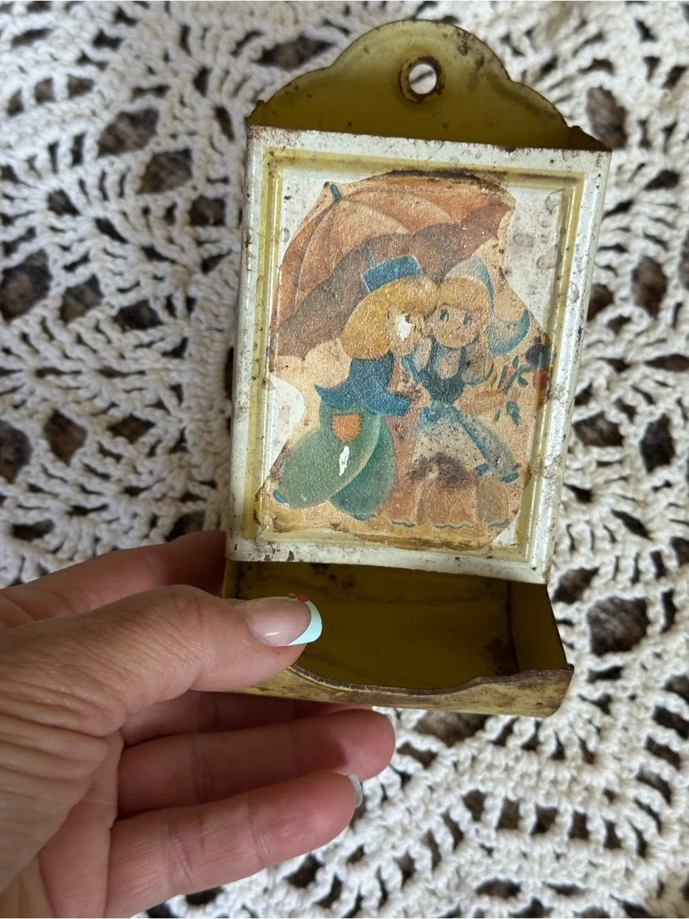 Vintage Tin Dutch Children Match Holder | Wall Match Box Holder | Cottage Decor